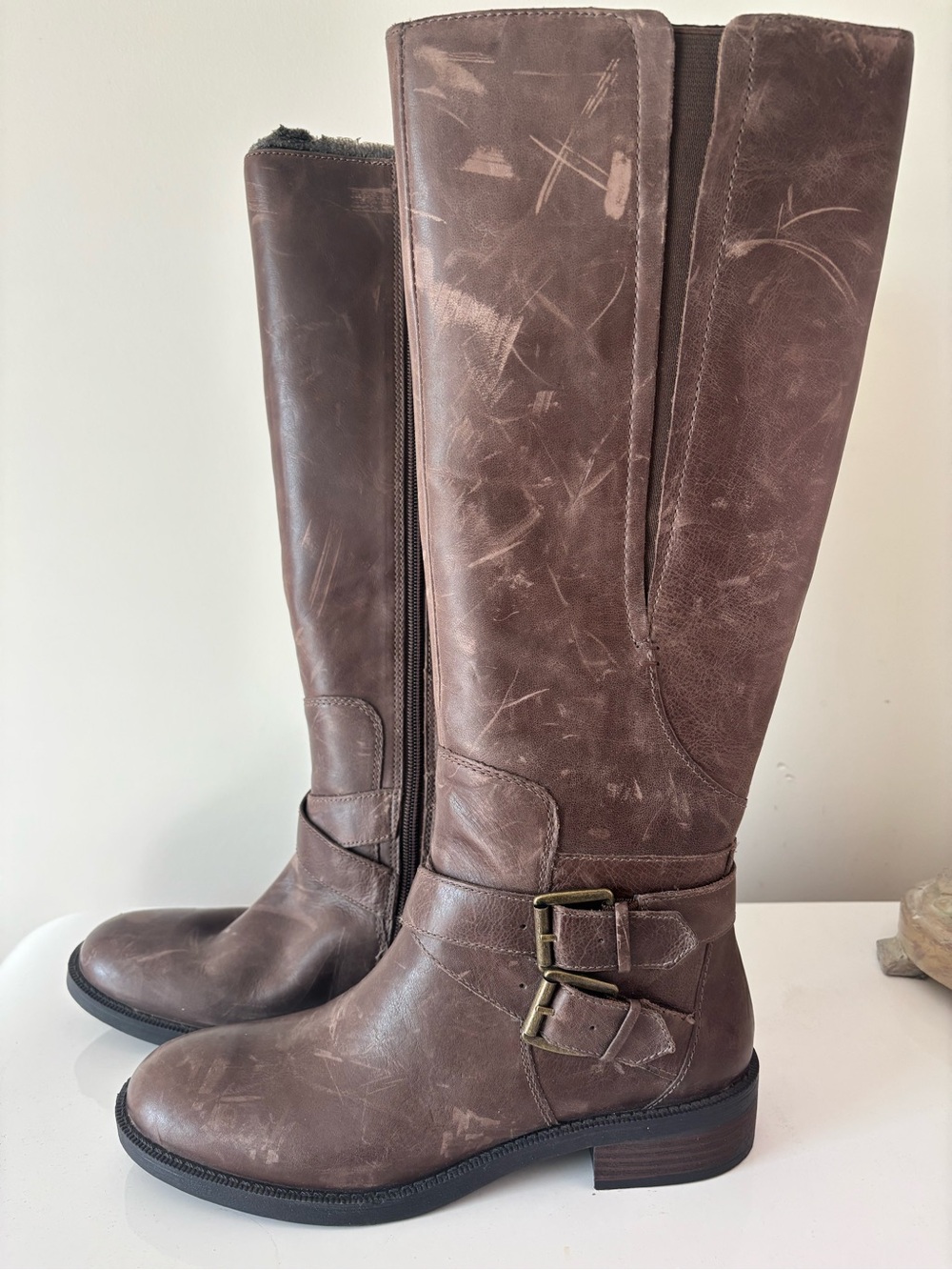 Enzo Angiolini Brown Distressed Moto Knee Boots with Buckle Straps